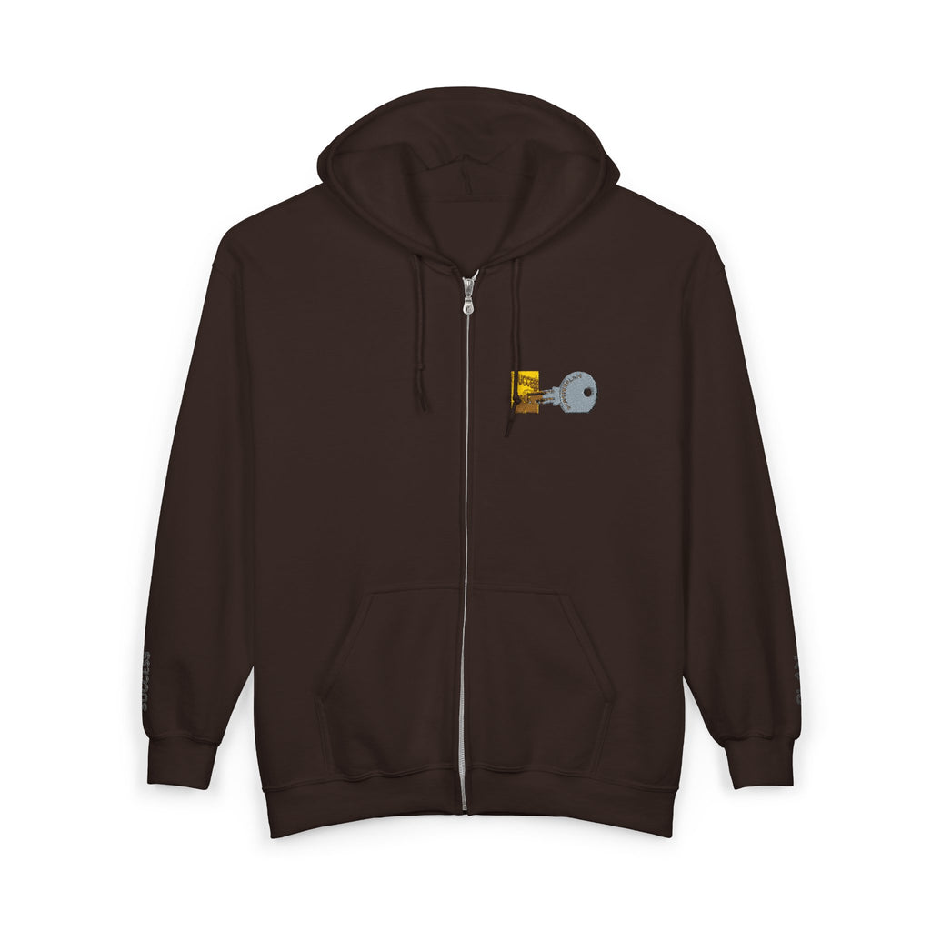 Lock & Key Minimal Zip Hoodie — Small Chest Graphic