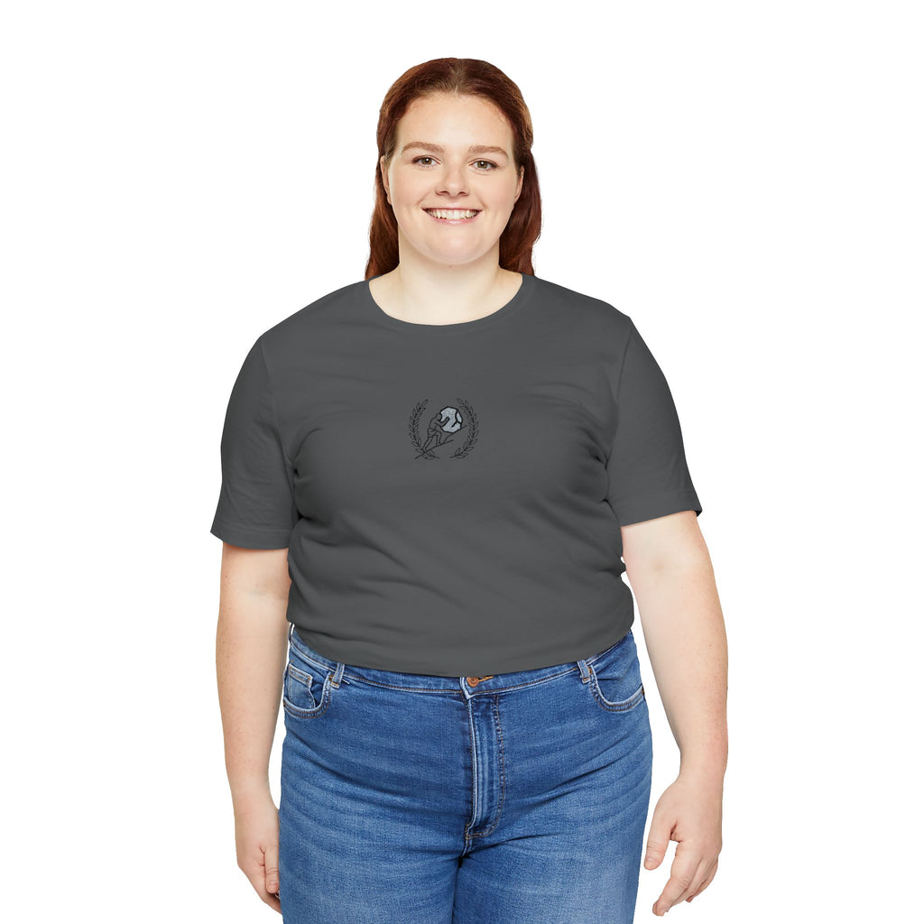 Minimalist Moon & Laurel Chest Tee — Celestial Botanical Graphic Shirt