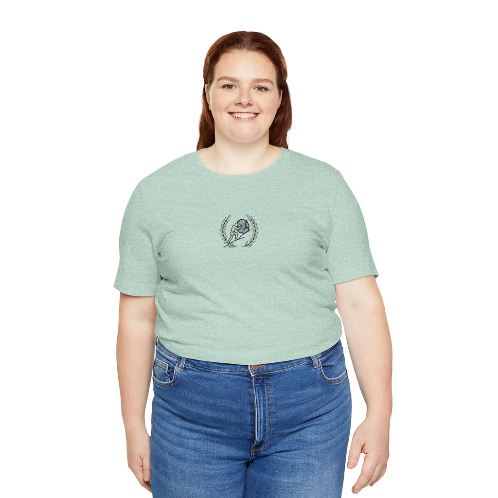Minimalist Moon & Laurel Chest Tee — Celestial Botanical Graphic Shirt