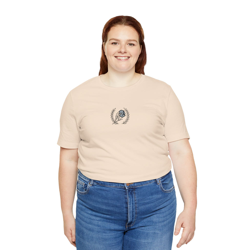 Minimalist Moon & Laurel Chest Tee — Celestial Botanical Graphic Shirt
