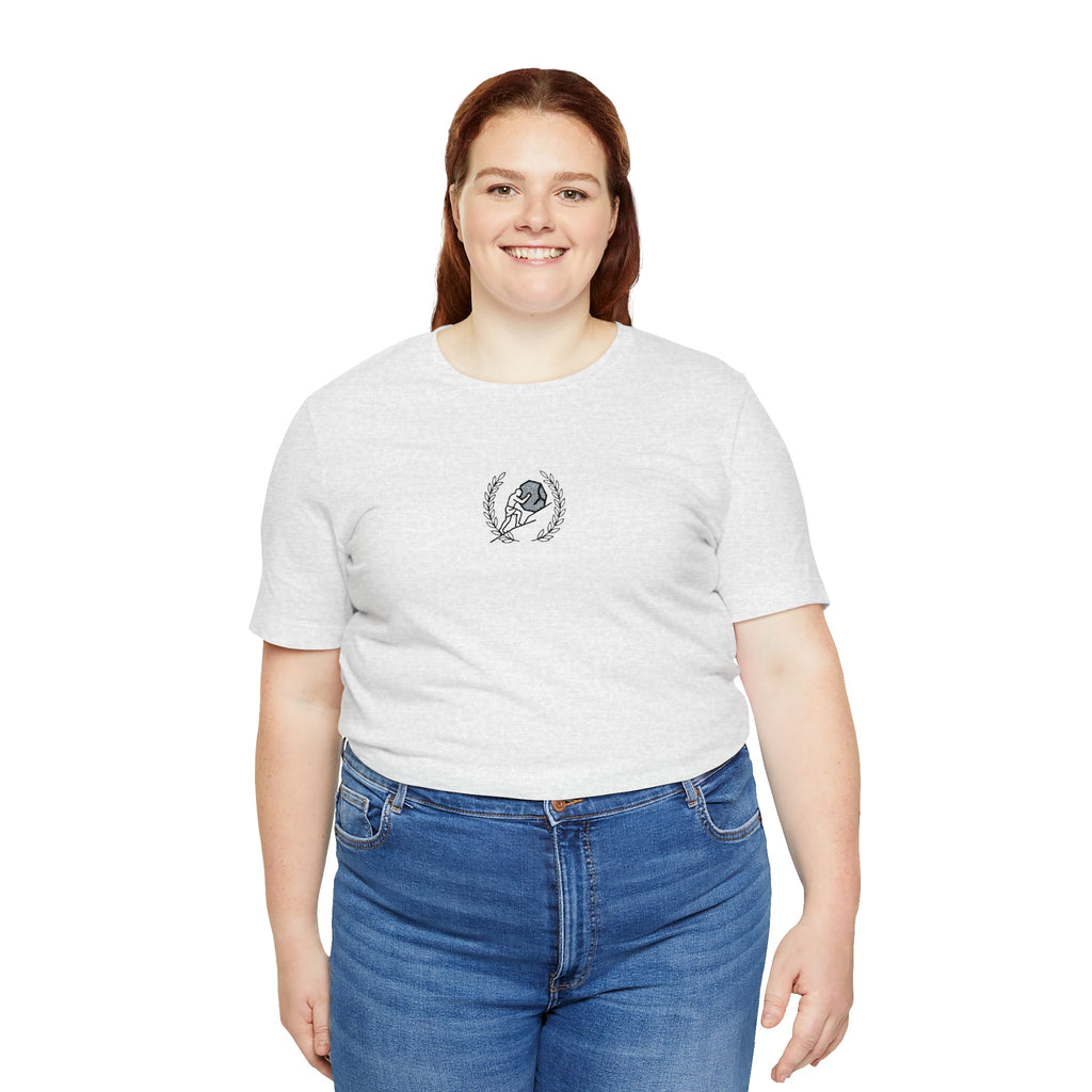 Minimalist Moon & Laurel Chest Tee — Celestial Botanical Graphic Shirt