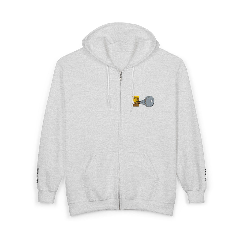 Lock & Key Minimal Zip Hoodie — Small Chest Graphic
